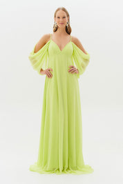 Vestido Longo com Decote V e Manga Caída - Argentina Verde Lima