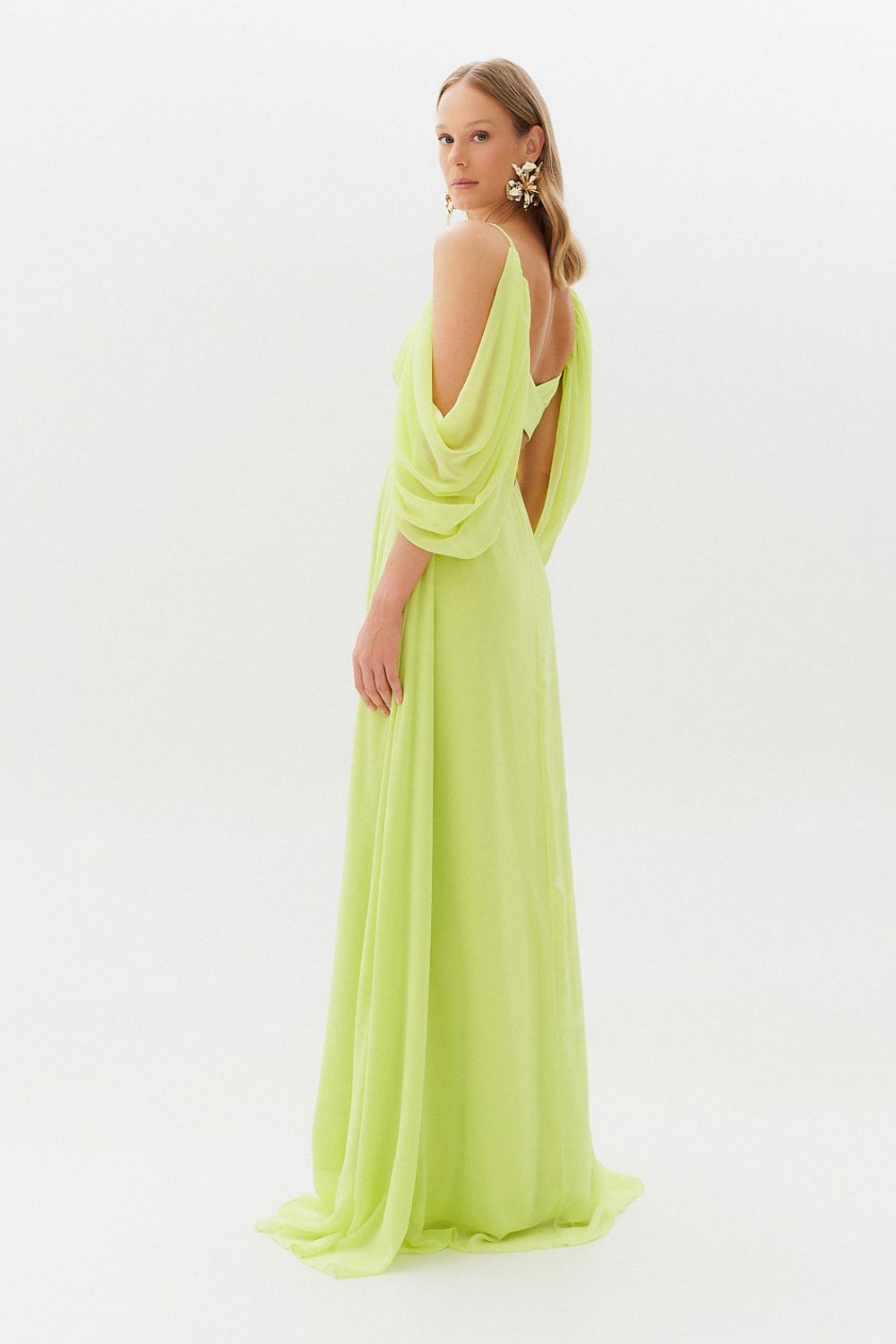 Vestido Longo com Decote V e Manga Caída - Argentina Verde Lima