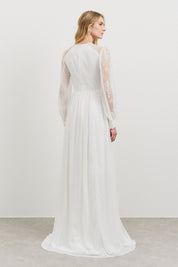 Vestido Longo com Decote V, Manga Longa com Abertura Lateral e Renda - Alessa Off White