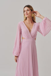 Vestido Longo com Decote V, Manga Longa e Saia Plissada - Bene Rosa
