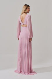 Vestido Longo com Decote V, Manga Longa e Saia Plissada - Bene Rosa