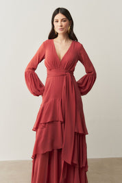 Vestido Longo com Mangas Longas e Saia em Camadas - Lyon Canela