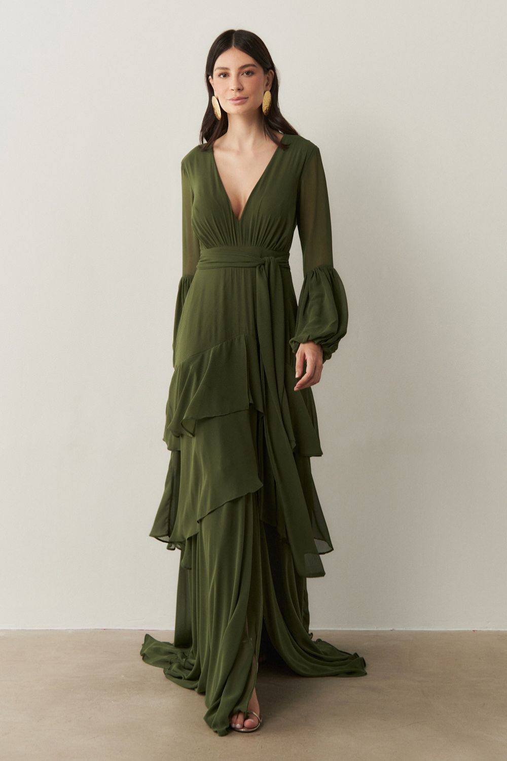 Vestido Longo com Mangas Longas e Saia em Camadas - Lyon Oliva