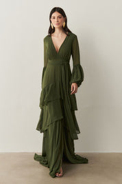 Vestido Longo com Mangas Longas e Saia em Camadas - Lyon Oliva