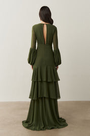 Vestido Longo com Mangas Longas e Saia em Camadas - Lyon Oliva