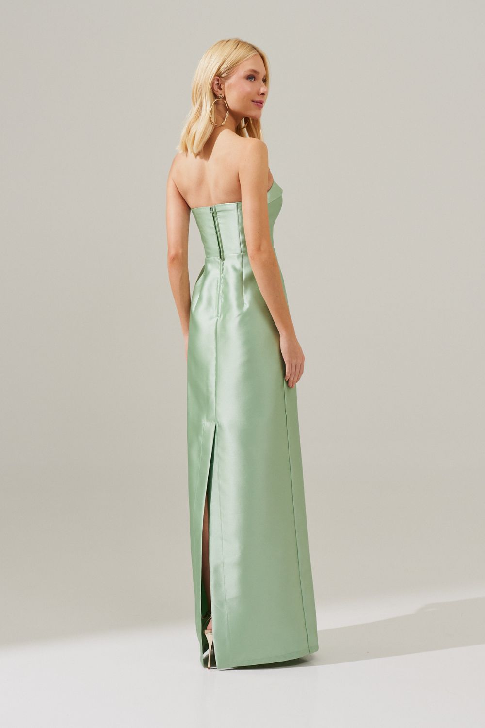 Vestido longo com Pala Assimétrica com Saia Lápis e Fenda traseira - Malásia Menta