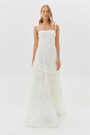 Vestido Longo de Alças com Pérolas e Saia em Babados - Fuji Off White