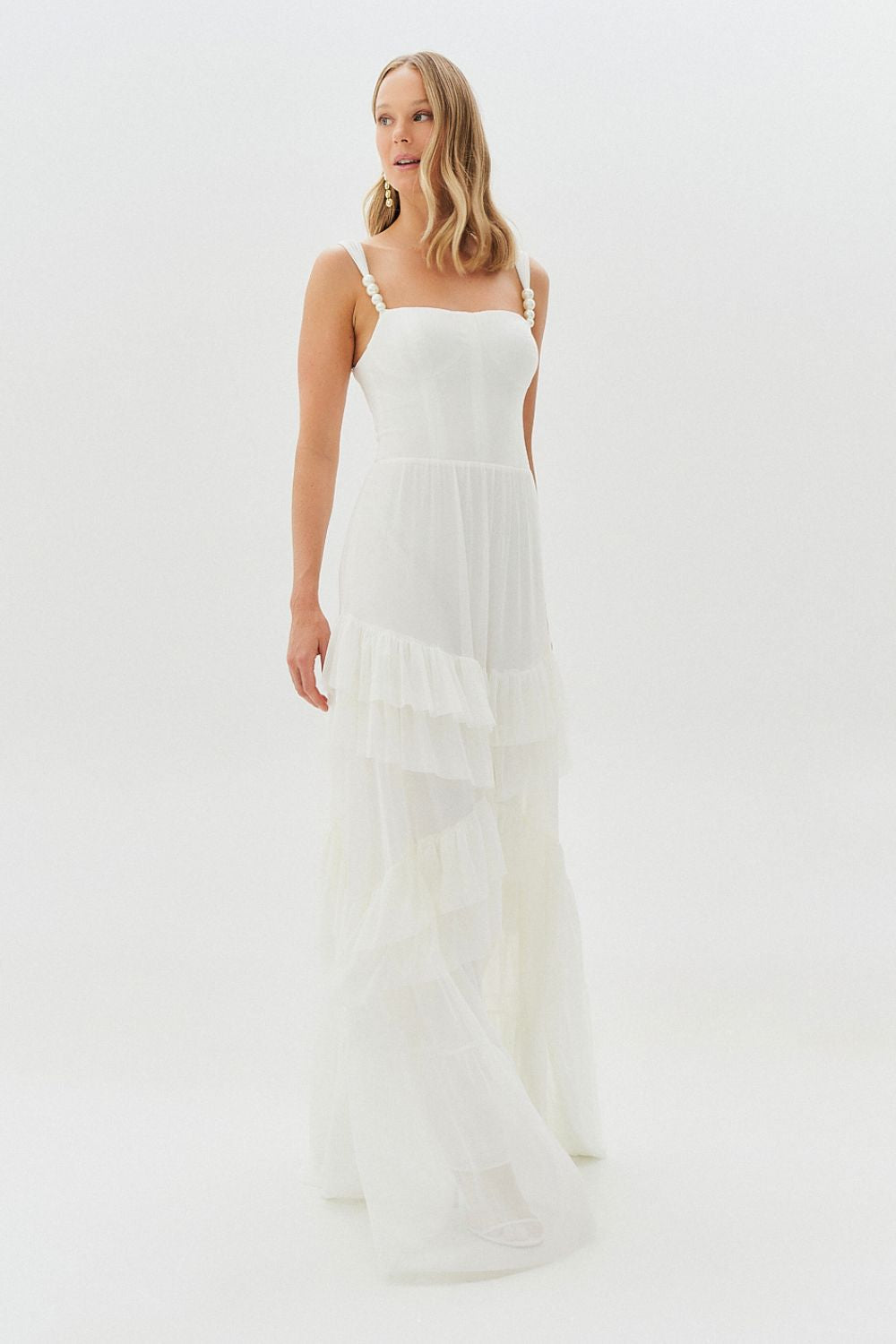 Vestido Longo de Alças com Pérolas e Saia em Babados - Fuji Off White