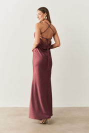 Vestido Long Midi de Cetim com Decote Triangular e Amarração nas Costas - Capri Marsala