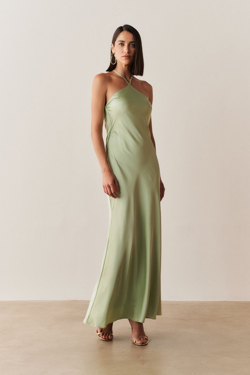 Vestido Long Midi de Cetim com Decote Triangular e Amarração nas Costas - Capri Menta