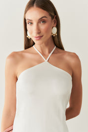 Vestido Long Midi de Cetim com Decote Triangular e Amarração nas Costas - Capri Off White