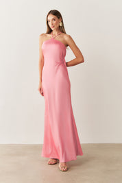 Vestido Long Midi de Cetim com Decote Triangular e Amarração nas Costas - Capri Rosa