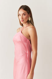 Vestido Long Midi de Cetim com Decote Triangular e Amarração nas Costas - Capri Rosa