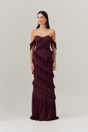 Vestido Longo Decote Coração com Recortes de Babado - Mendoza Roxo Beringela