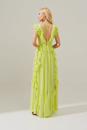 Vestido Longo Decote V com Babados no Decote, Manga e Saia - Bruma Lima