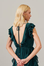 Vestido Longo Decote V com Babados no Decote, Manga e Saia - Bruma Petróleo