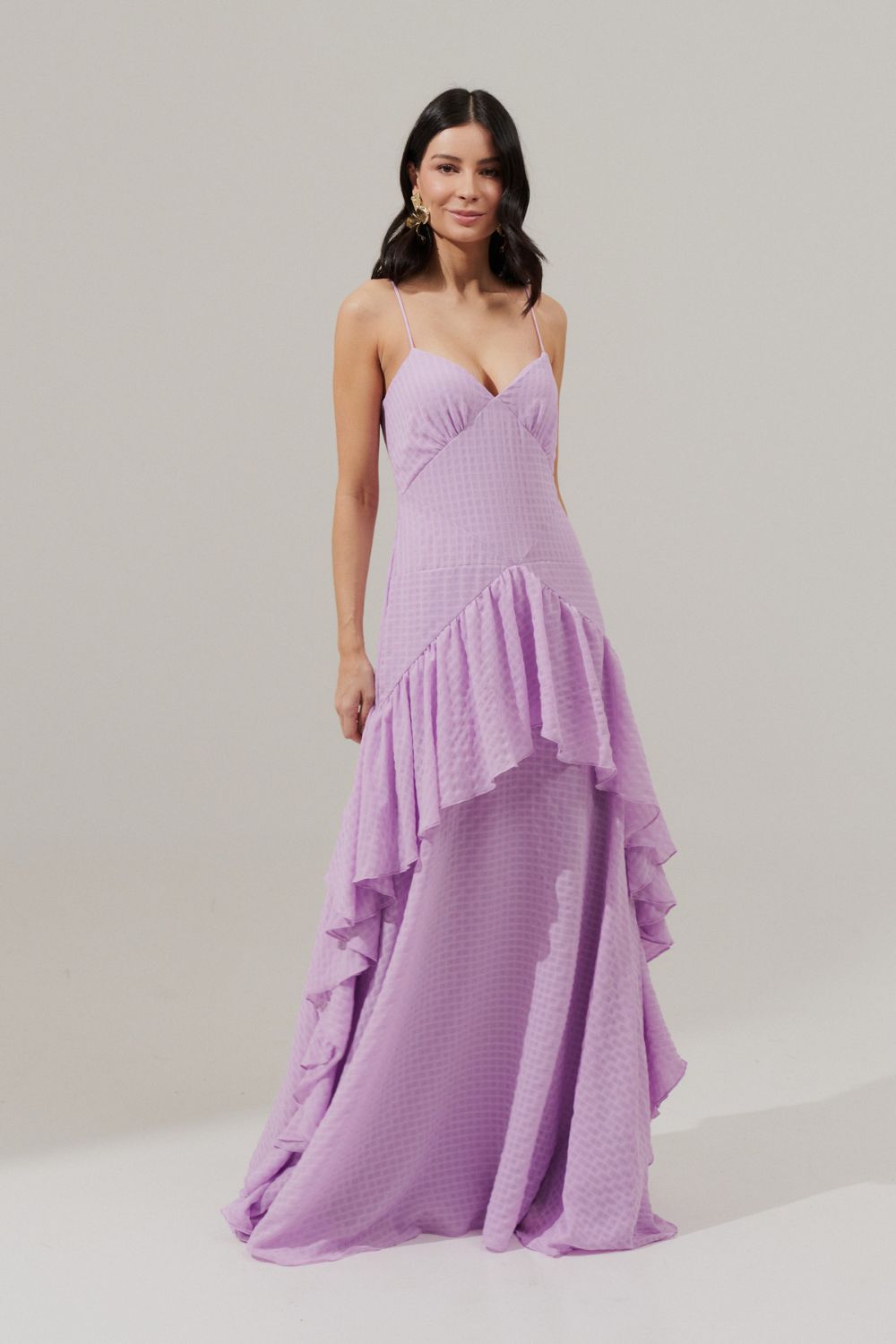 Vestido Longo Decote V e Saia Assimétrica com Babados - Monte Negro Lilás