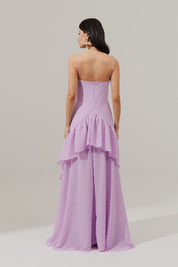 Vestido Longo Decote V e Saia Assimétrica com Babados - Monte Negro Lilás