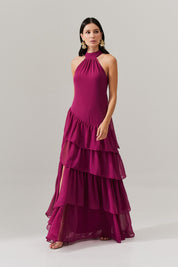 Vestido Longo Frente única com Camadas na Barra  - Stanley Fúcsia