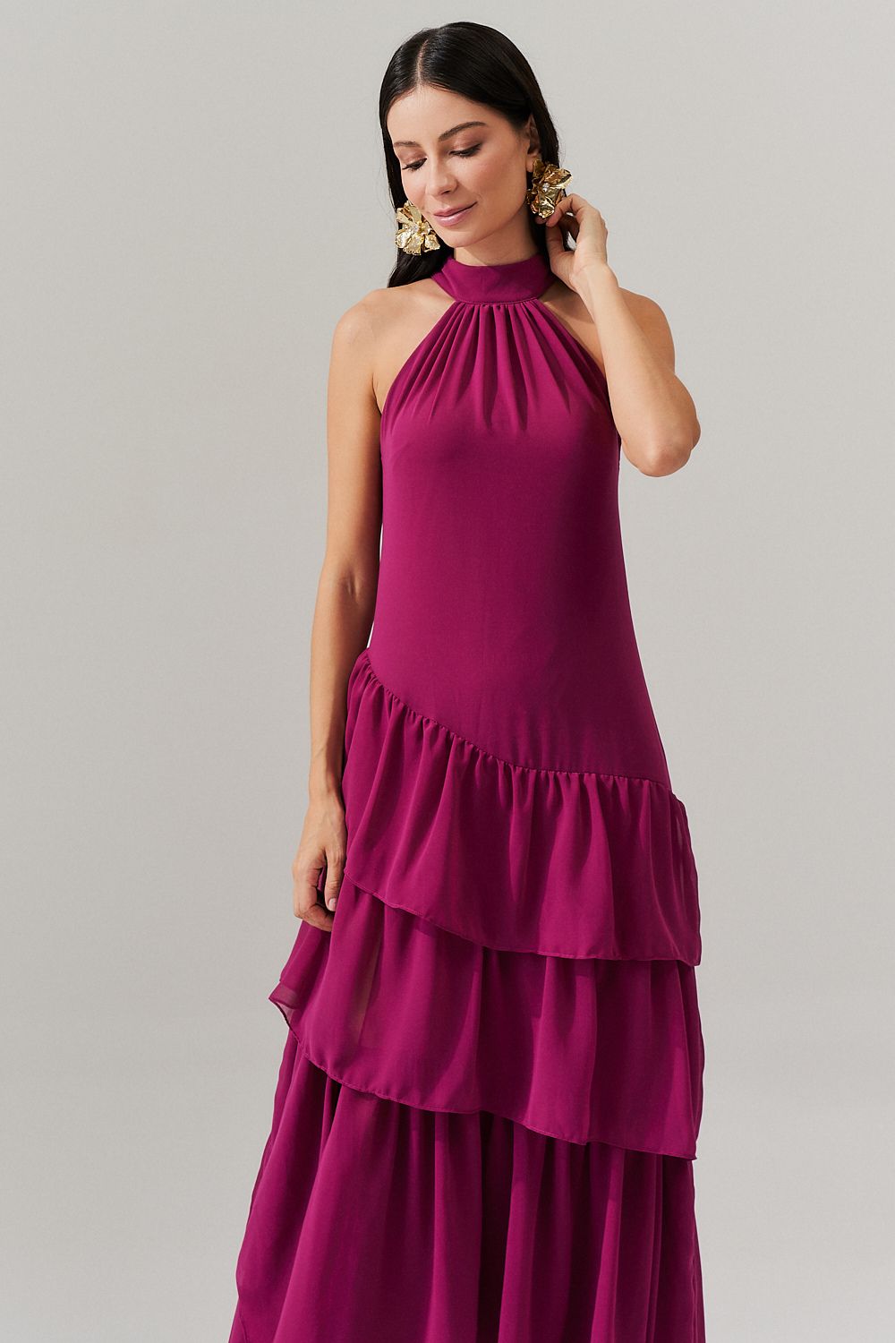 Vestido Longo Frente única com Camadas na Barra  - Stanley Fúcsia