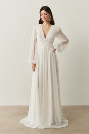 Vestido Longo com Decote V, Manga Longa e Fenda Lateral - Fabíola II Off White