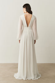 Vestido Longo com Decote V, Manga Longa e Fenda Lateral - Fabíola II Off White