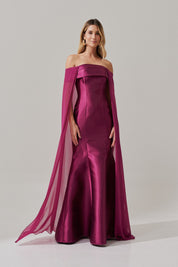 Vestido Longo Ombro a Ombro, Shape Sereia com  Capa -  Islândia Fúcsia