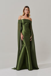 Vestido Longo Ombro a Ombro, Shape Sereia com  Capa -  Islândia Oliva