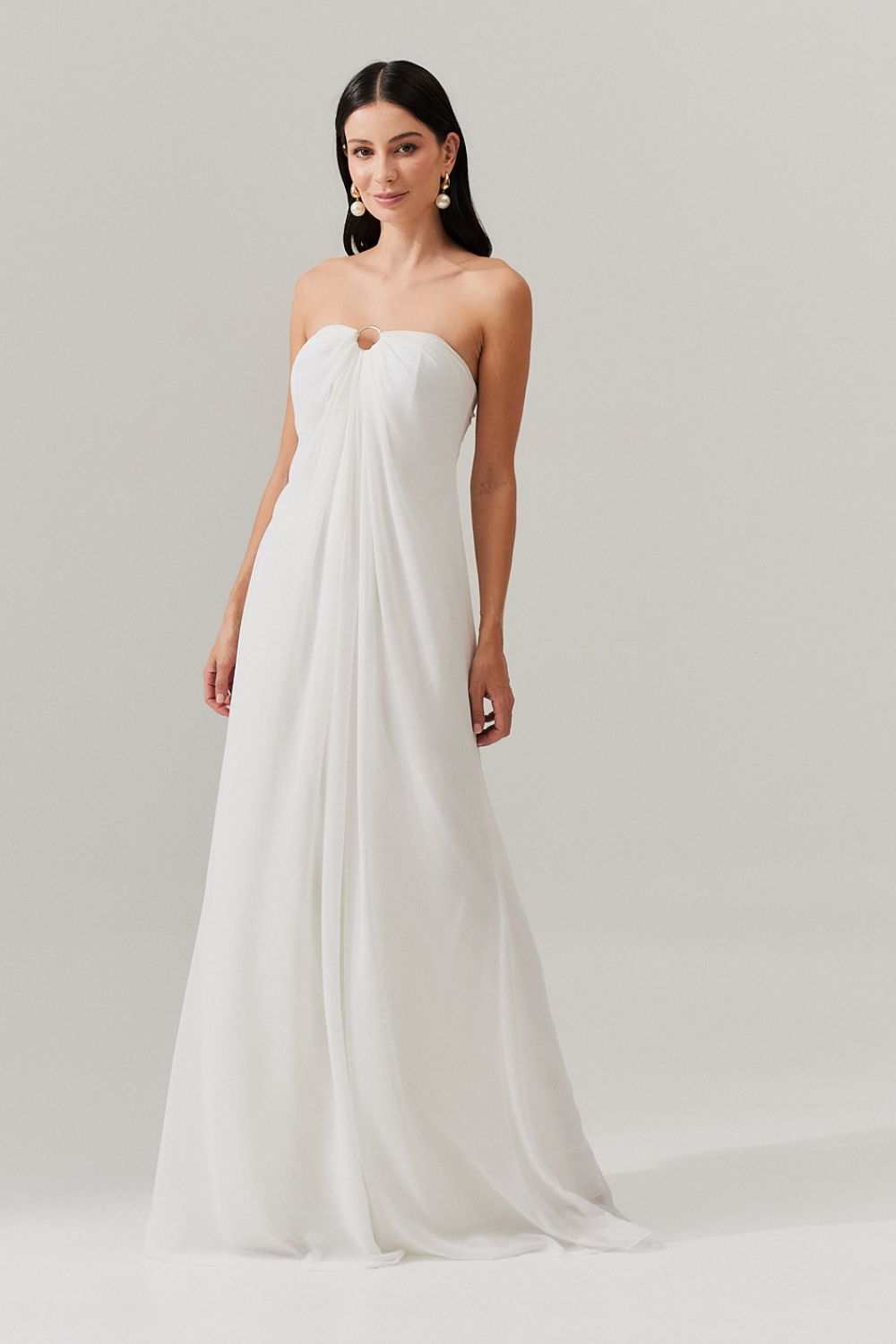 Vestido Longo sem Alça com Argola e Franzidos no Decote - Munique Off White