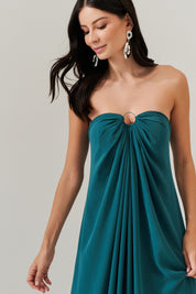 Vestido Longo sem Alça com Argola e Franzidos no Decote - Munique Petroleo