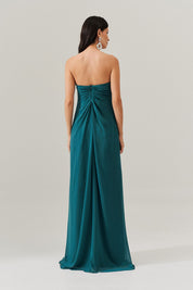 Vestido Longo sem Alça com Argola e Franzidos no Decote - Munique Petroleo