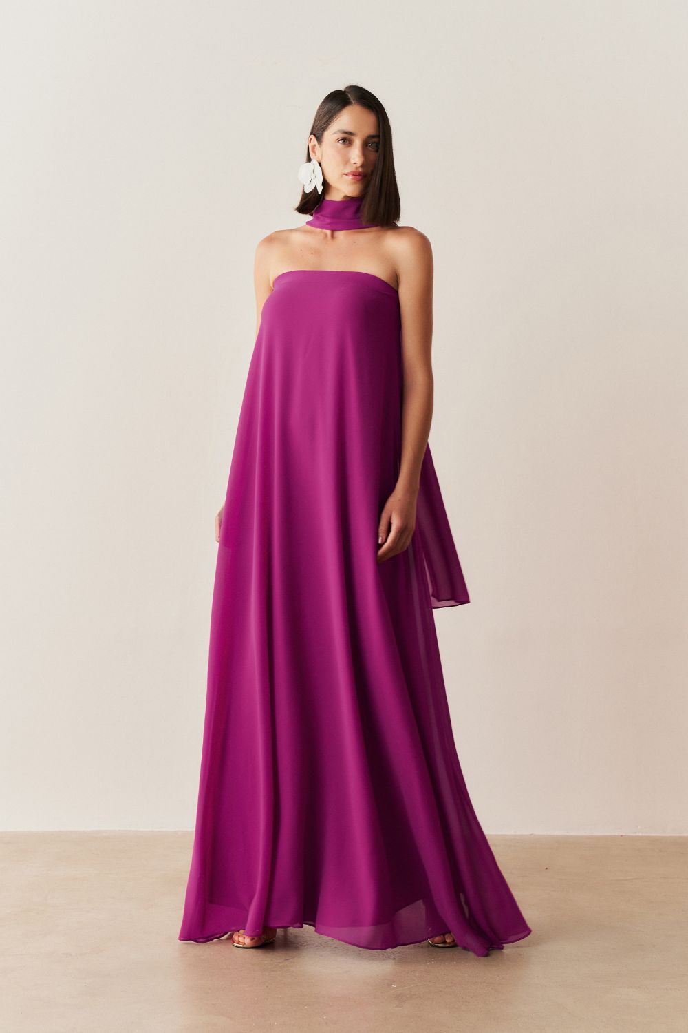 Vestido Longo Sem Alça com Echarpe - Mumbai Fúcsia