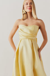 Vestido Longo Sem Alça, Pregas na Saia e Busto - Santorini Amarelo