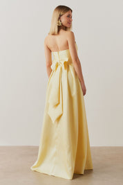 Vestido Longo Sem Alça, Pregas na Saia e Busto - Santorini Amarelo