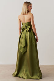 Vestido Longo Sem Alça, Pregas na Saia e Busto - Santorini Oliva