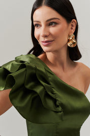 Vestido Longo Um Ombro Só com Babados e Saia Dupla - Everest Oliva