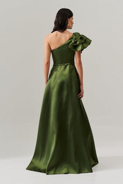Vestido Longo Um Ombro Só com Babados e Saia Dupla - Everest Oliva