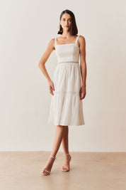 Vestido Midi Acinturado com Decote reto e Recortes de Renda Guipir - Ancara Off White