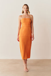 Vestido Midi Casual com Decote Reto e Saia Lápis com Detalhes em Viés - Ohio Laranja