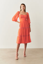 Vestido Midi com Detalhe em Renda Guipir  - Aiko Coral