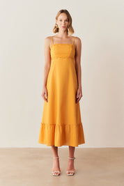 Vestido Midi de Linho casual com Detalhe em Sianinha - Pamplona Mango